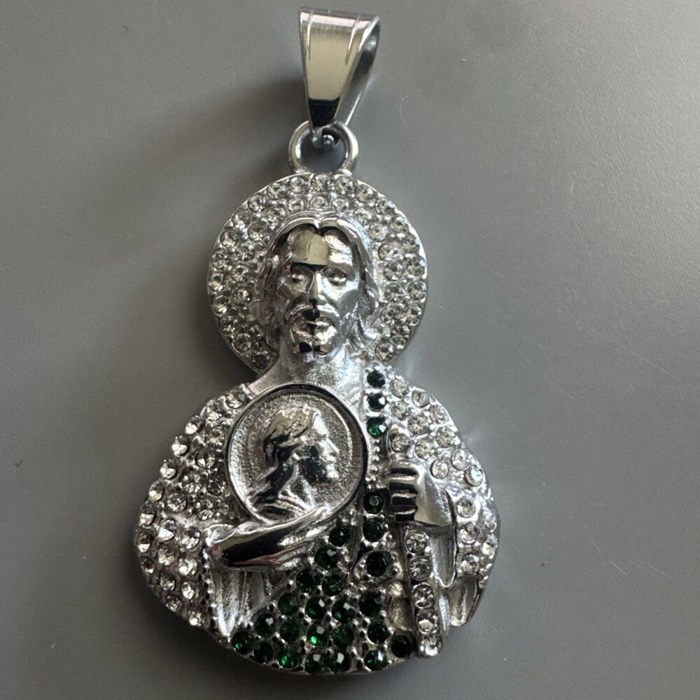 Saint Jude Thaddeus Pendant Silver Stainless Steel 24” Chain Jesus Cubic Zirconi
